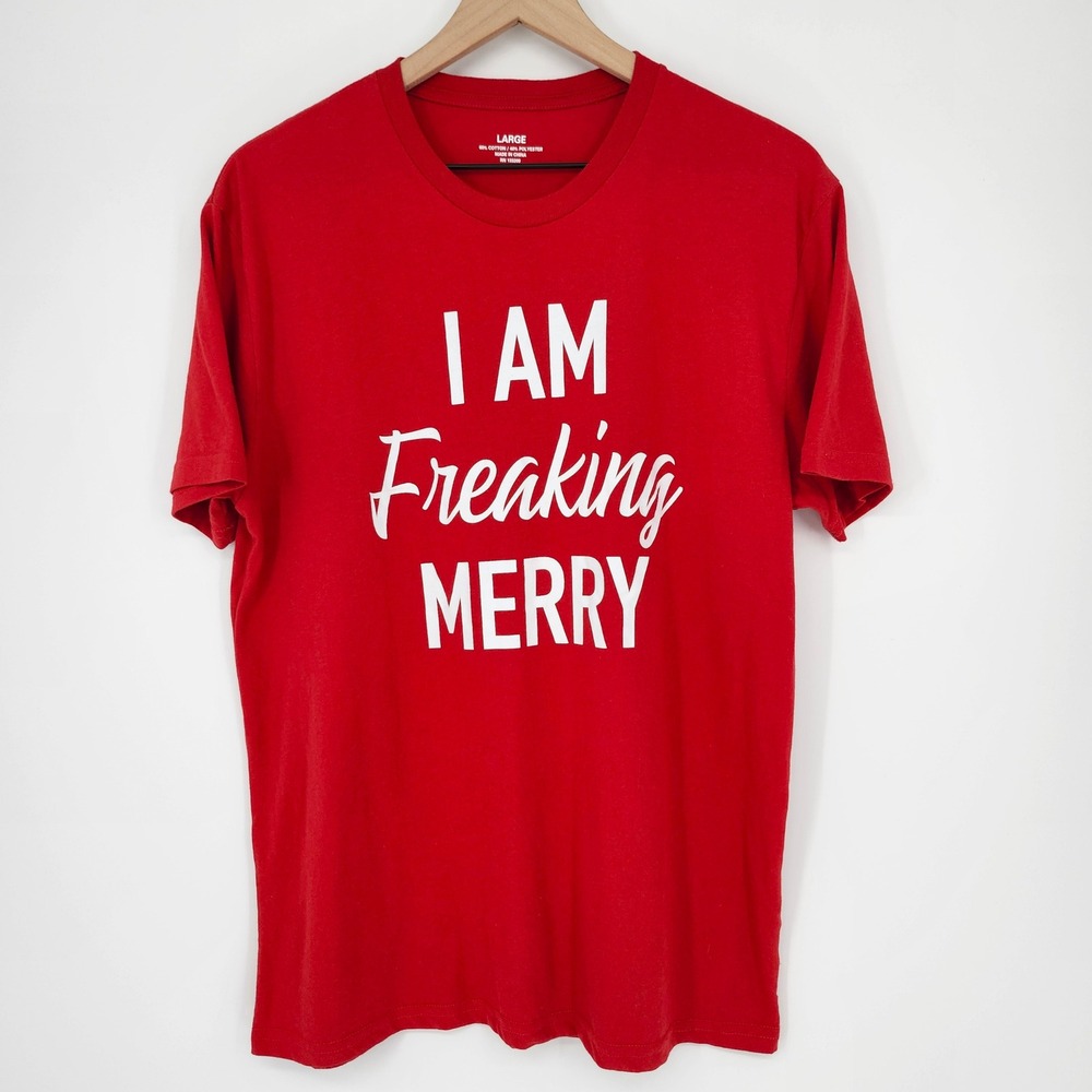 Red White Womens "I AM Freaking Merry" T-Shirt Size L Humor Holiday Christmas - Picture 2 of 5
